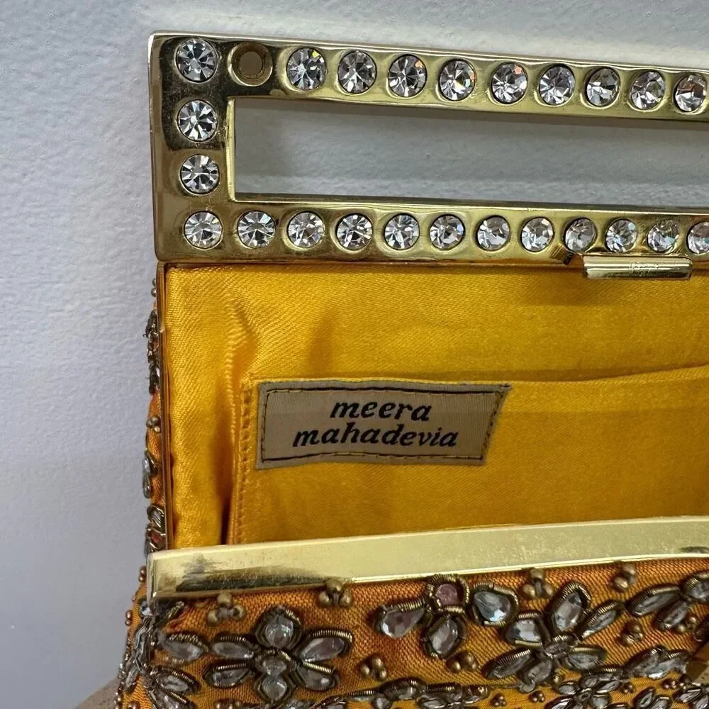 Meera Mahadevia Fully Embellished Satin Marigold Yellow Clutch Purse